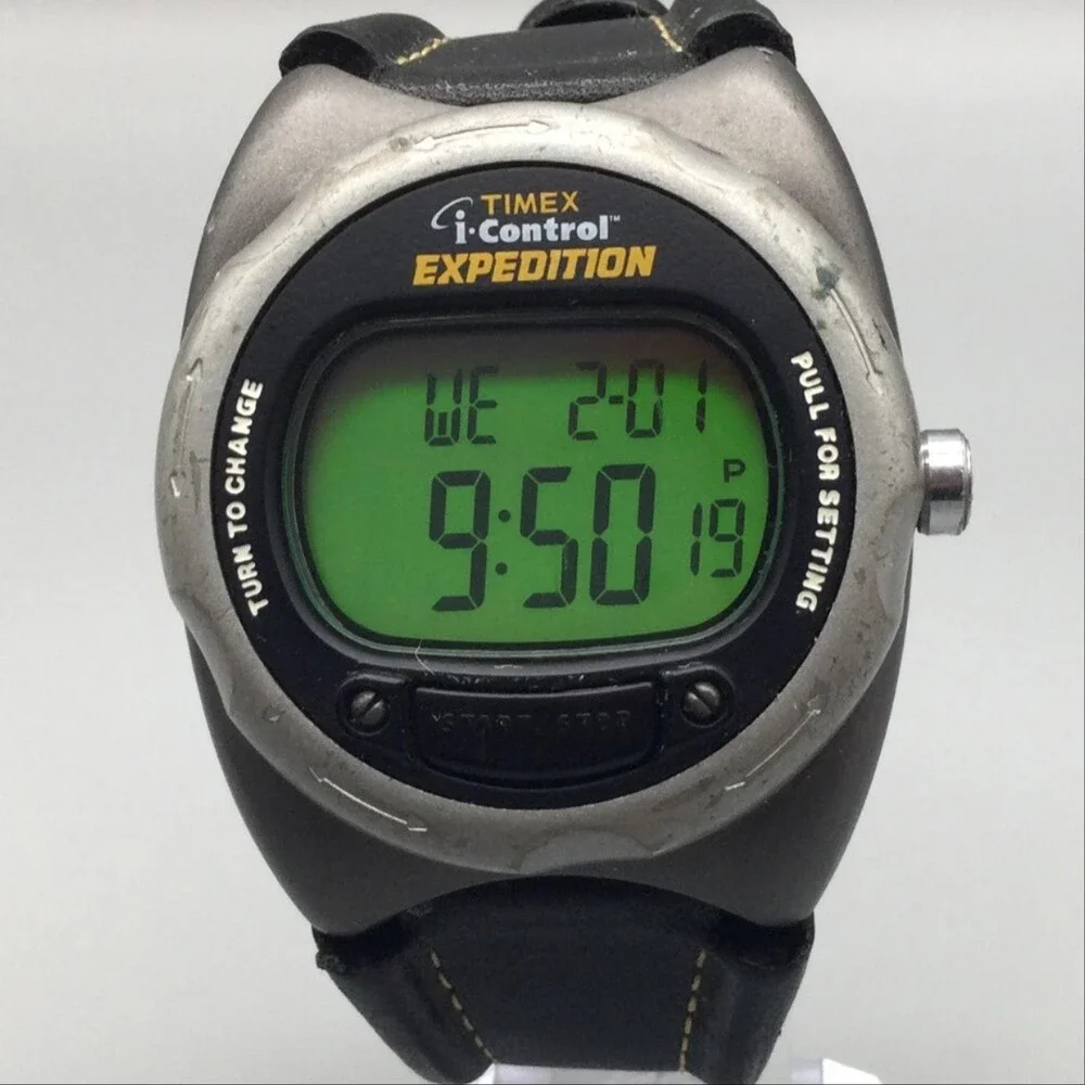 Timex Expedition I-Control Mens Watch 42mm Green Digital Black Leather New Batt